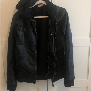 Faux leather hooded sweatshirt jacket